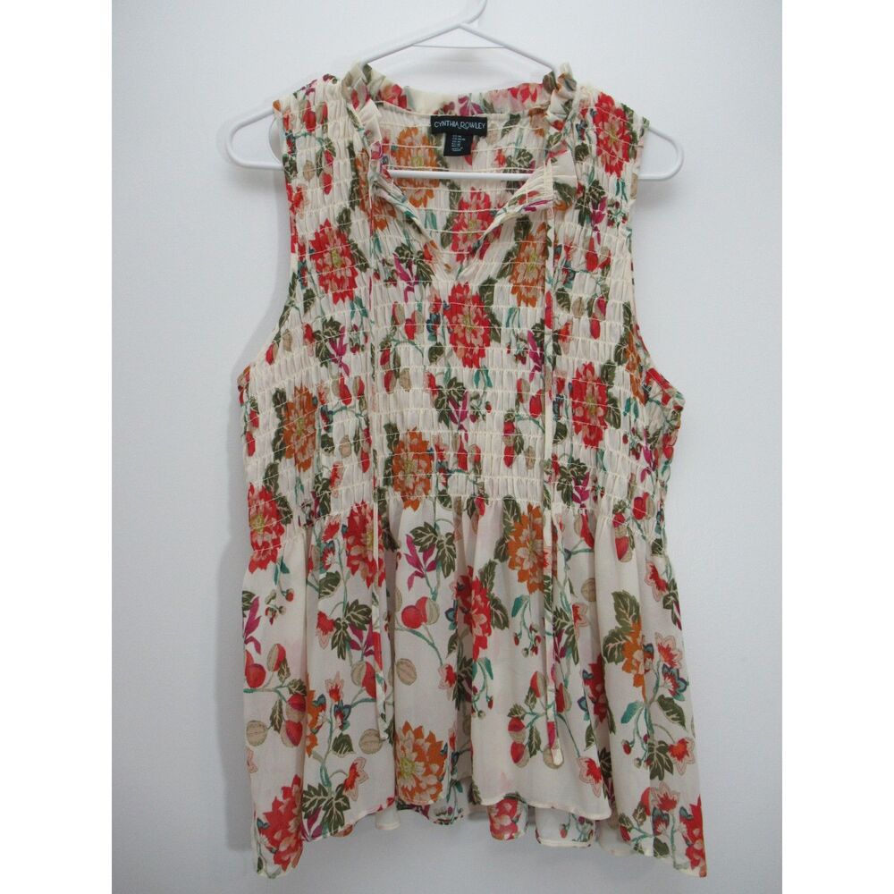 Cynthia Rowley Sleeveless Floral Smocked Peasant Top Size M Cottagecore
